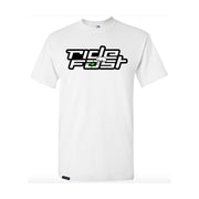 White short-sleeve t-shirt with RideFast logo graphic