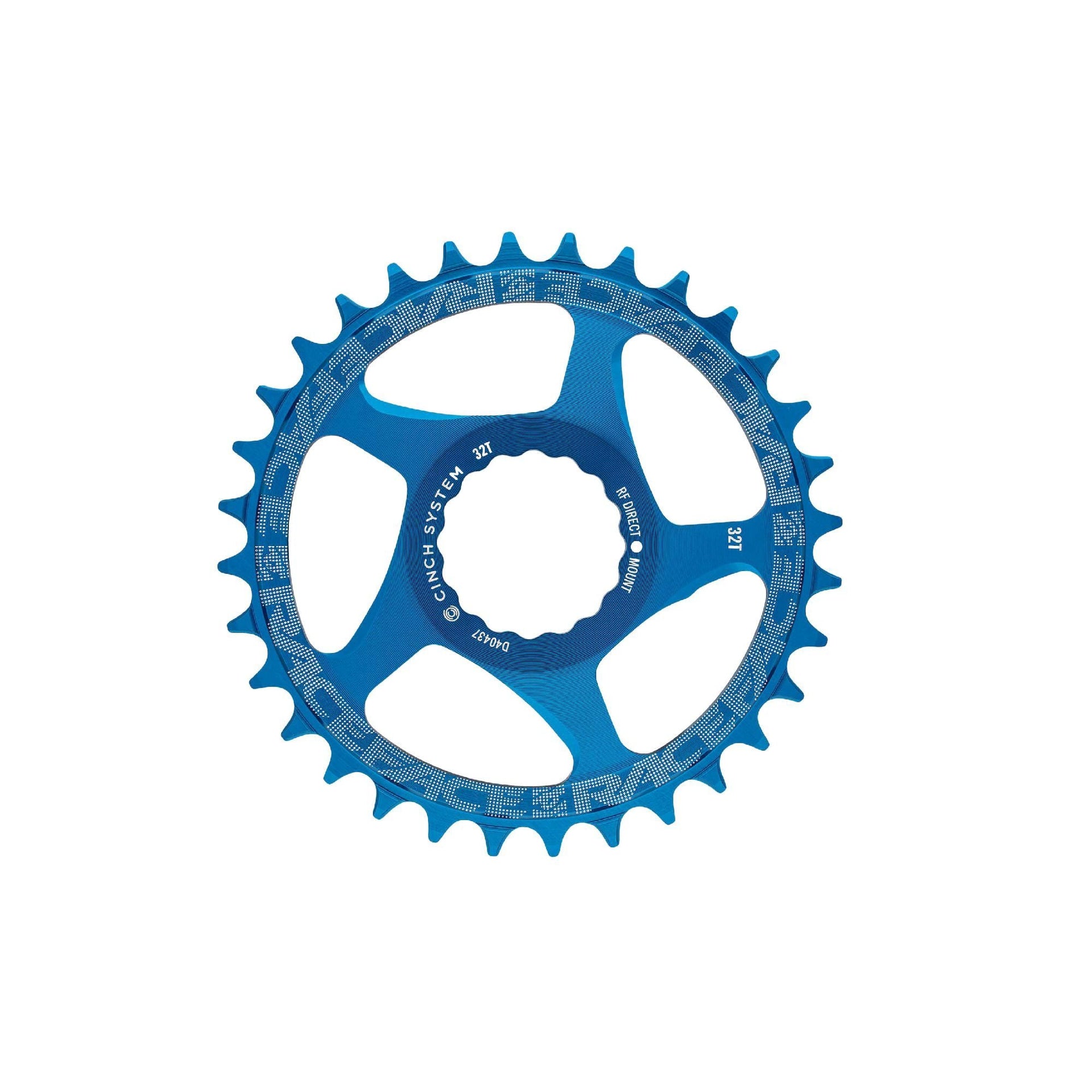 Blue narrow-wide direct mount chainring, 17T, angled view showing cutouts and teeth.