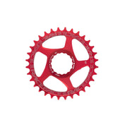 Red narrow-wide direct mount chainring, 28T, angled view with five cutout ramps.