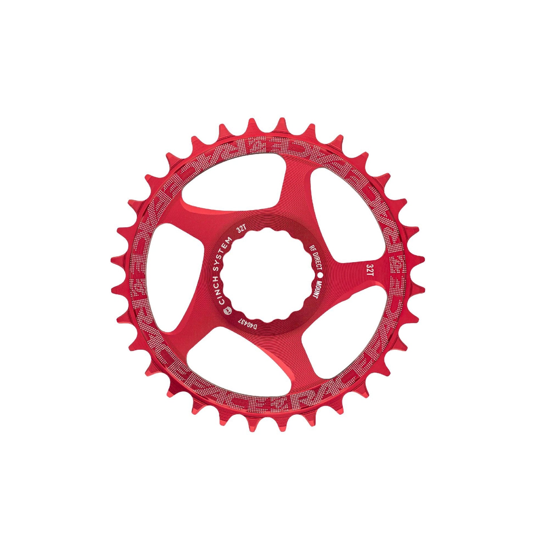Red narrow-wide direct mount chainring, 28T, angled view with five cutout ramps.