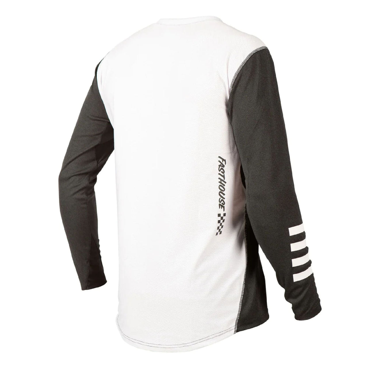 Long-sleeve motorcycle jersey, white back with black side panels and sleeve logo