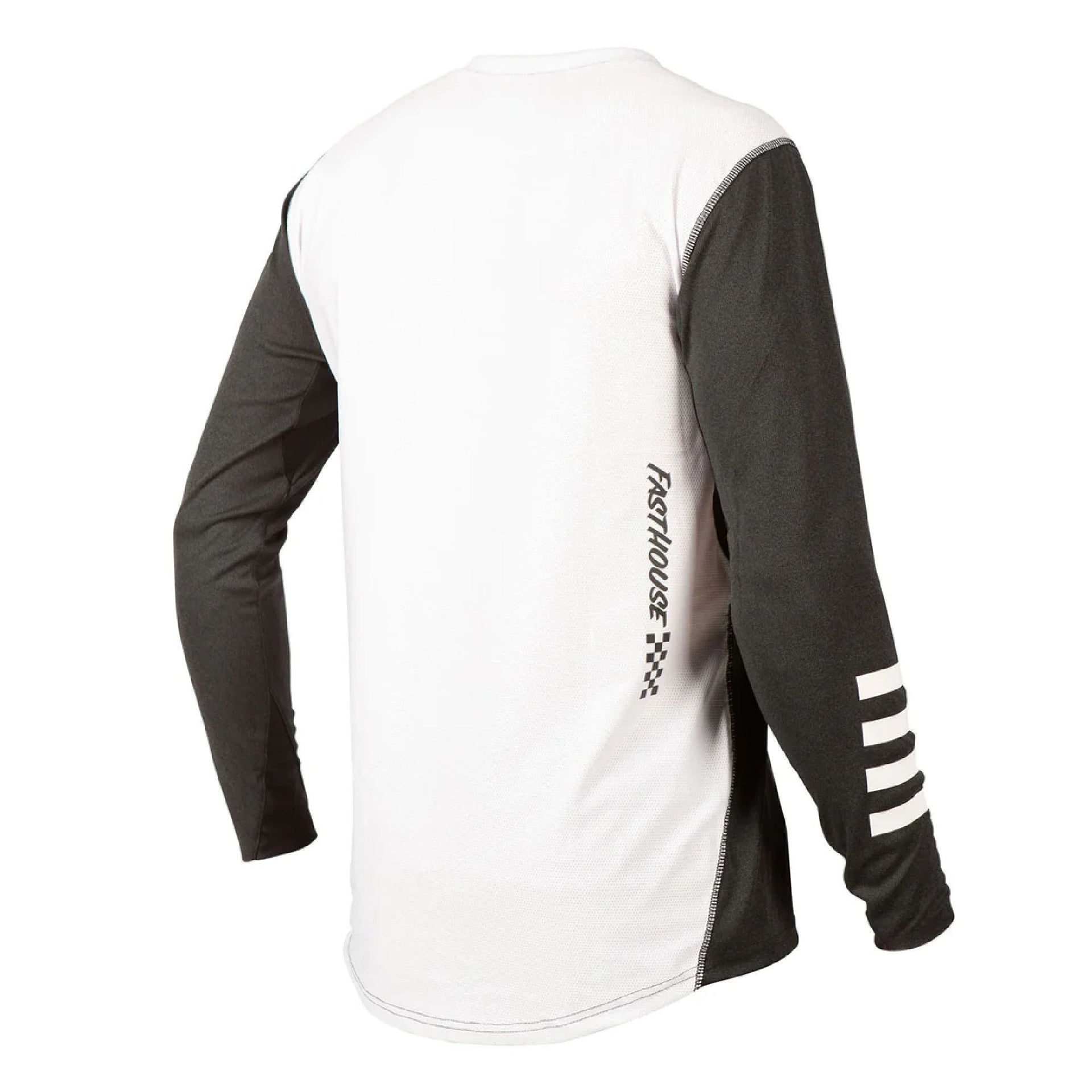 Long-sleeve motorcycle jersey, white back with black side panels and sleeve logo