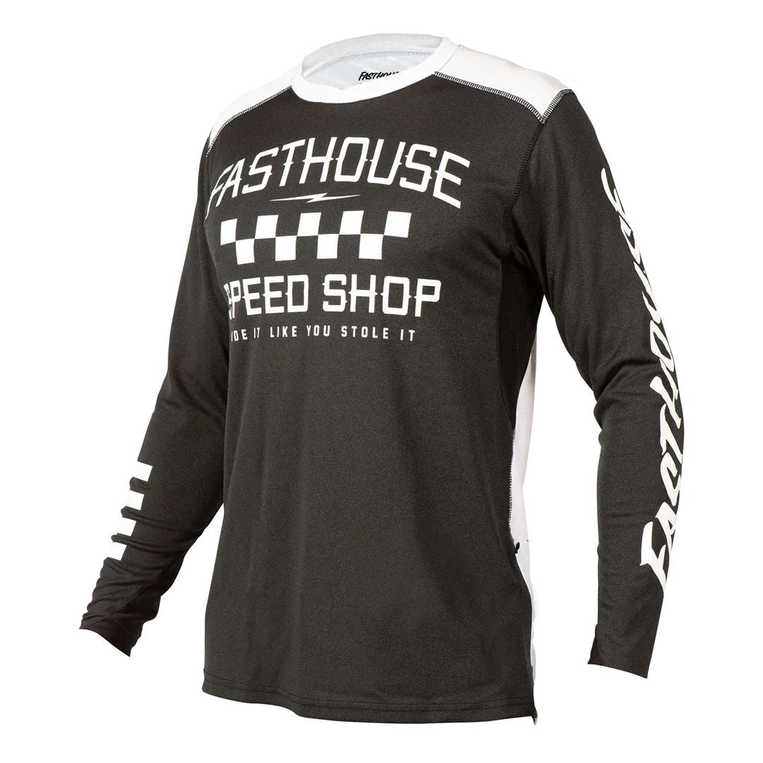 Long-sleeve motorcycle jersey, black with white Speed Shop graphic on front