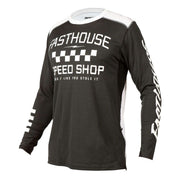 Long-sleeve motorcycle jersey, black with white Speed Shop graphic on front