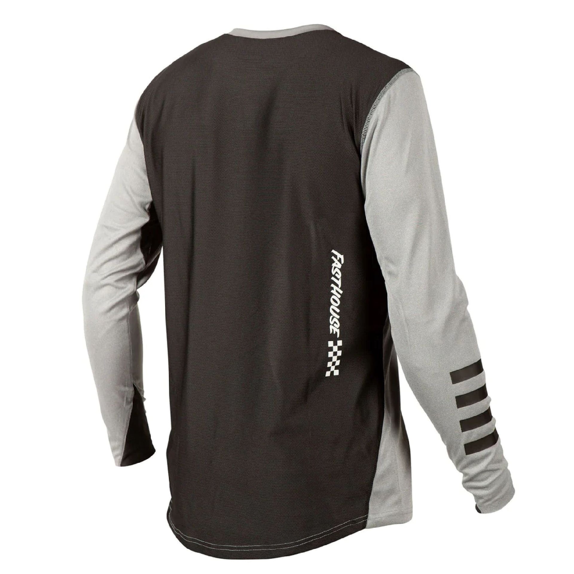 Long-sleeve motorcycle jersey, dark gray body with light gray sleeves and side print
