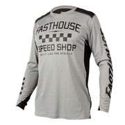 Long-sleeve motorcycle jersey, heather gray with Speed Shop front graphic and black print