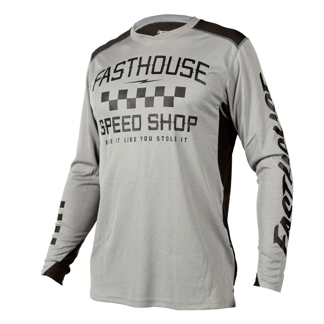 Long-sleeve motorcycle jersey, heather gray with Speed Shop front graphic and black print