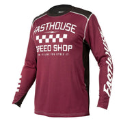 Long-sleeve motorcycle jersey, maroon with Speed Shop front graphic and white trim