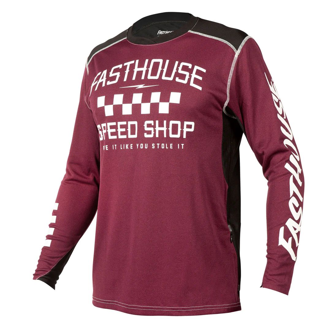 Long-sleeve motorcycle jersey, maroon with Speed Shop front graphic and white trim