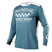 Long-sleeve motorcycle jersey, teal blue with Speed Shop front graphic and white trim