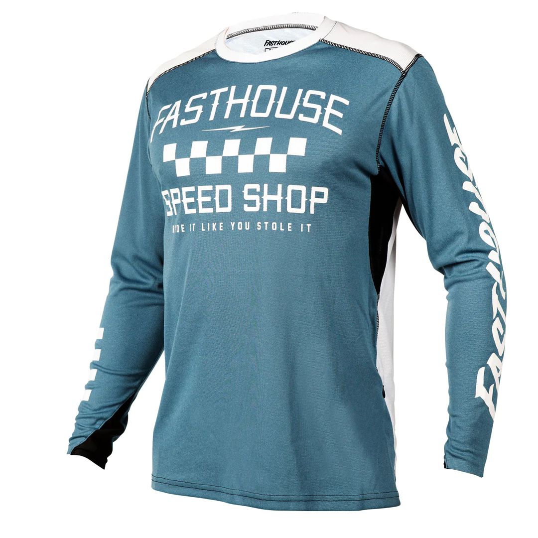 Long-sleeve motorcycle jersey, teal blue with Speed Shop front graphic and white trim