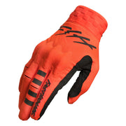 Red-orange motocross glove with black palm and bold black branding graphics