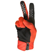 Orange and black motocross glove with perforated palm and padded wrist cuff