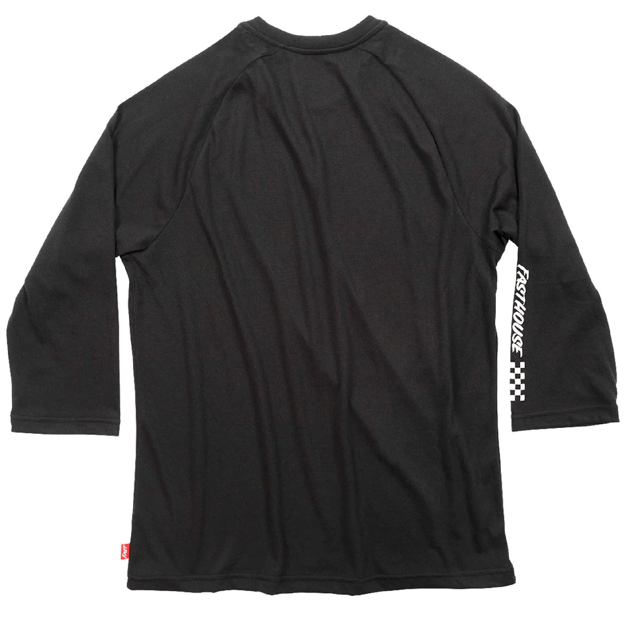 Black Fasthouse Rush raglan tech tee, back view, 3/4 raglan sleeves and side check detail