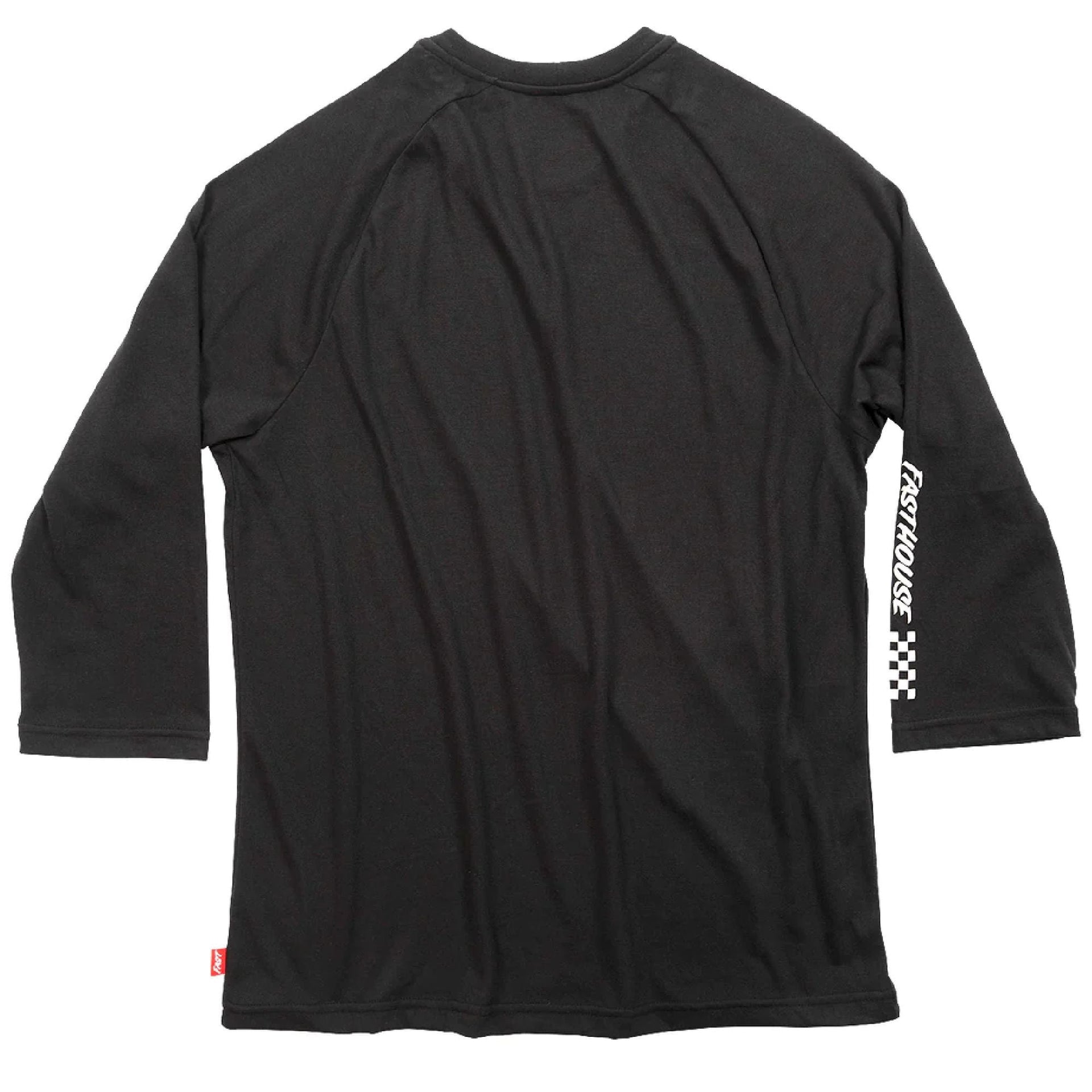 Black Fasthouse Rush raglan tech tee, back view, 3/4 raglan sleeves and side check detail