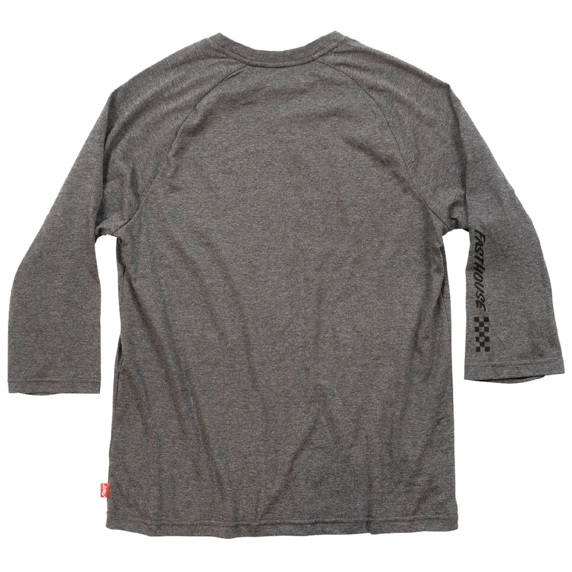 Heather gray Fasthouse Rush raglan tech tee, back view, 3/4 raglan sleeves and side check detail