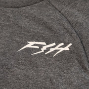 Close-up of white Fasthouse logo on heather gray Fasthouse Rush raglan tech tee fabric