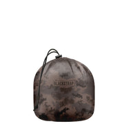 Stuff sack with dark camo pattern, BLACKSTRAP logo patch, and cinch drawstring top