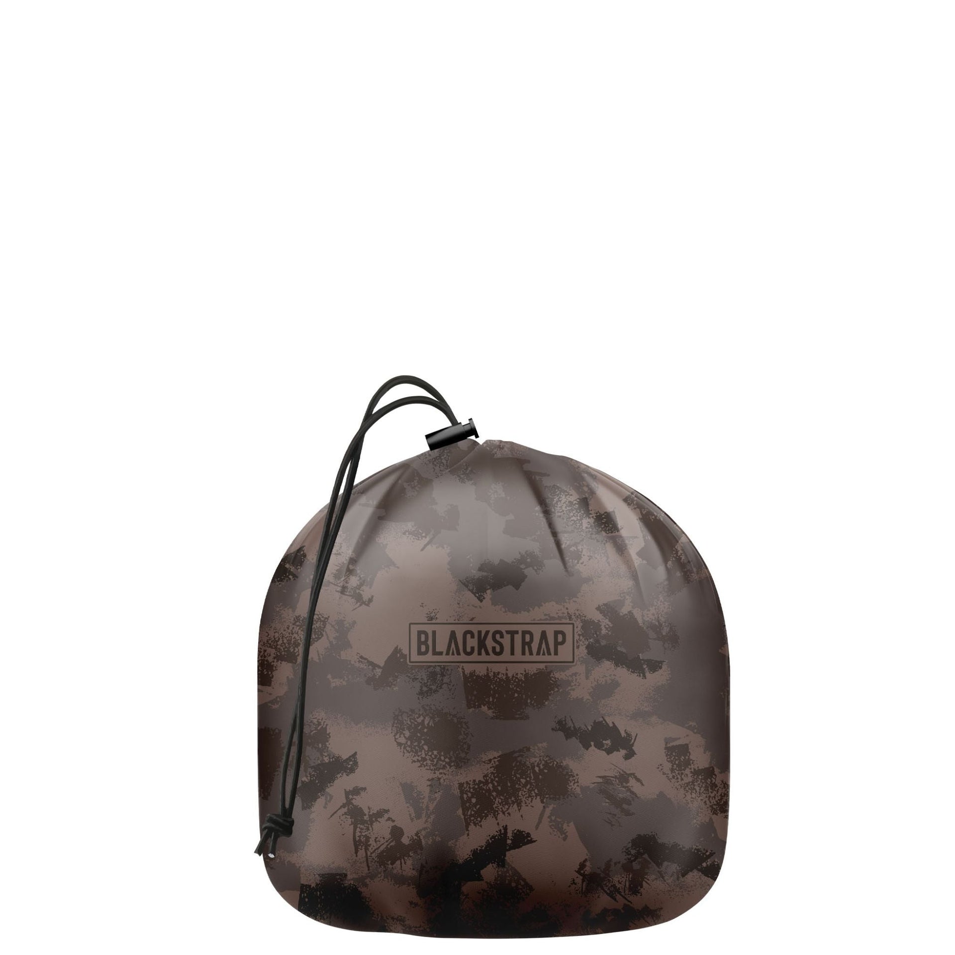 Stuff sack with dark camo pattern, BLACKSTRAP logo patch, and cinch drawstring top