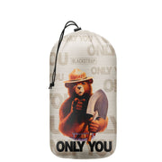 Stuff sack with bear graphic, “ONLY YOU” print, and cinch drawstring closure