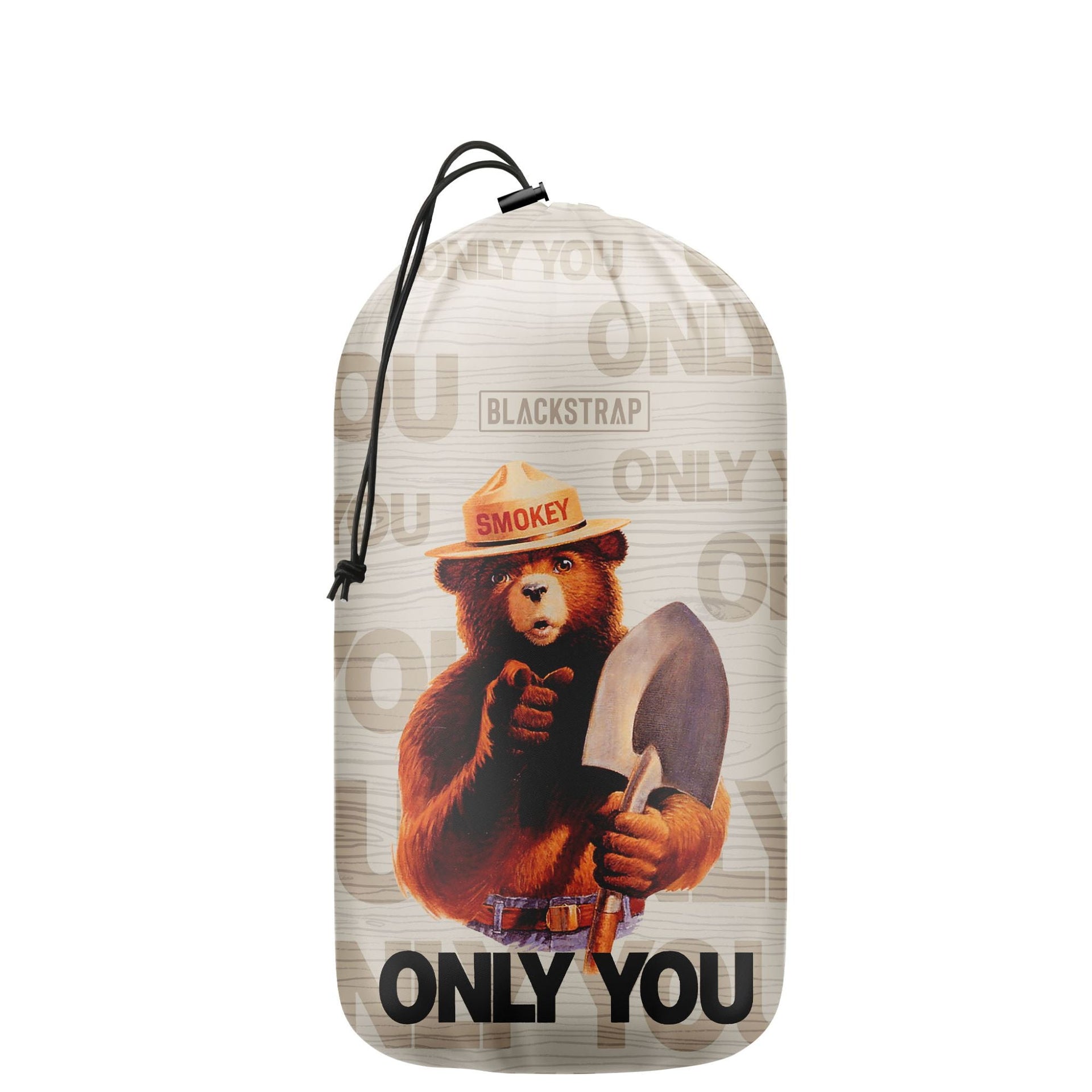 Stuff sack with bear graphic, “ONLY YOU” print, and cinch drawstring closure
