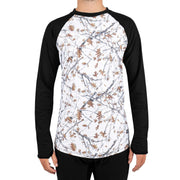 White patterned long-sleeve base layer top with black raglan sleeves, crew neck