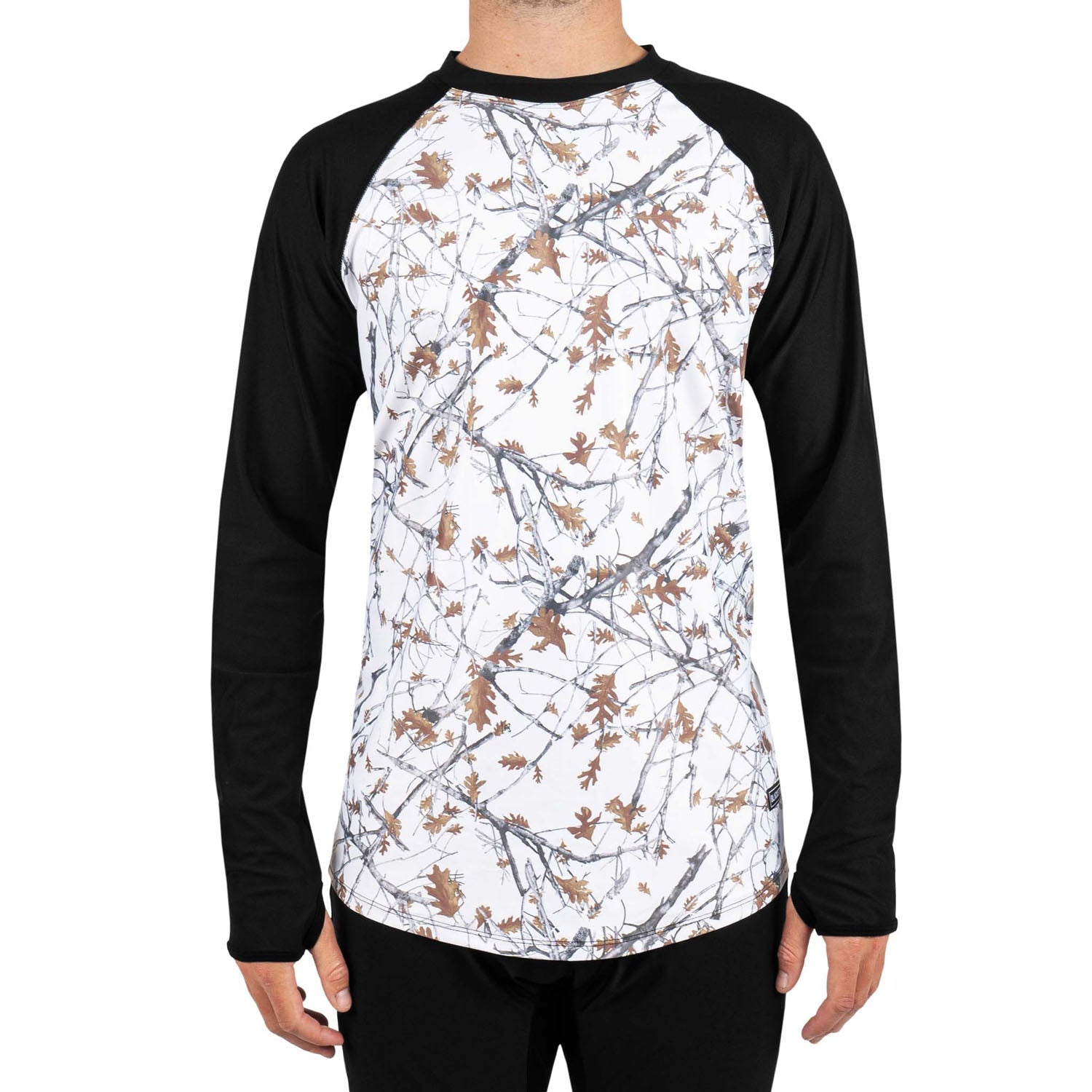 White patterned long-sleeve base layer top with black raglan sleeves, crew neck