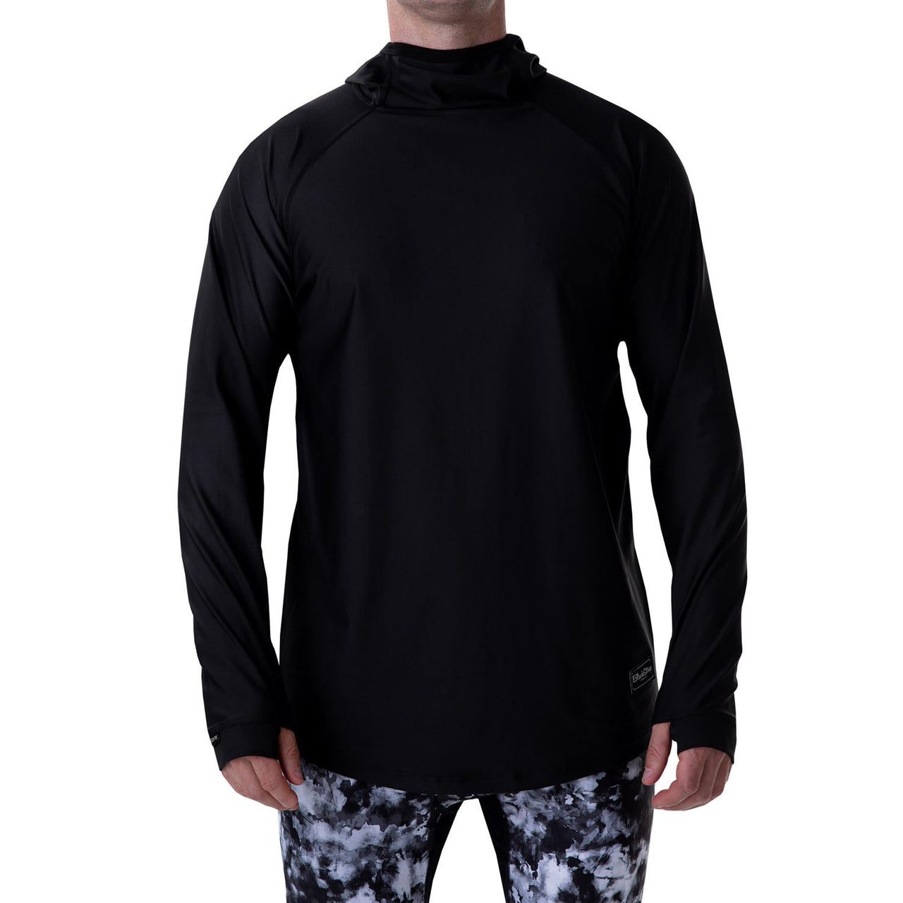 Black hooded base layer top with high collar and long sleeves