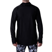 Black hooded base layer top with high collar and long sleeves