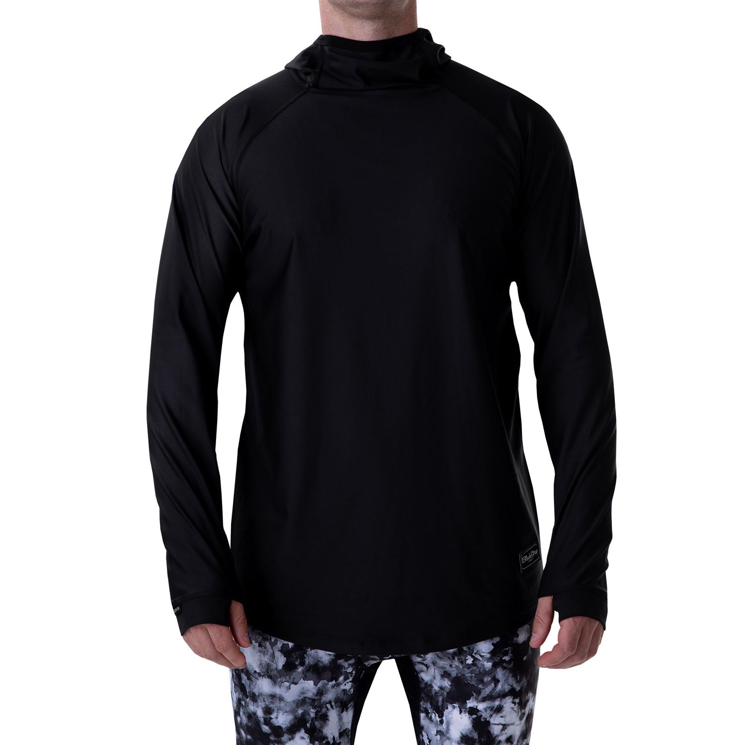 Black hooded base layer top with high collar and long sleeves