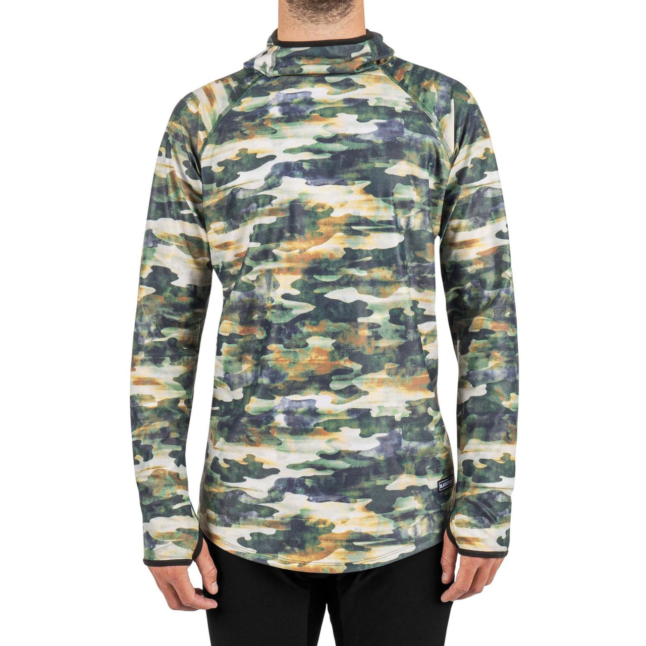 Camouflage hooded base layer top with high collar and long sleeves
