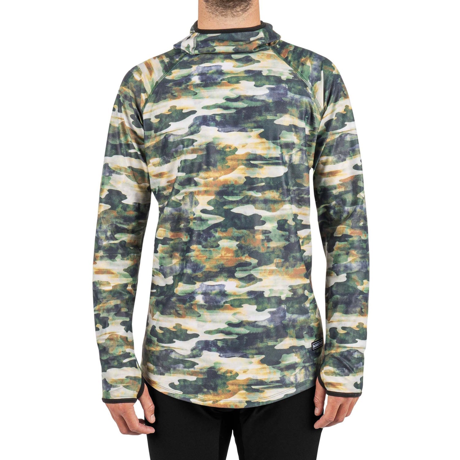 Camouflage hooded base layer top with high collar and long sleeves