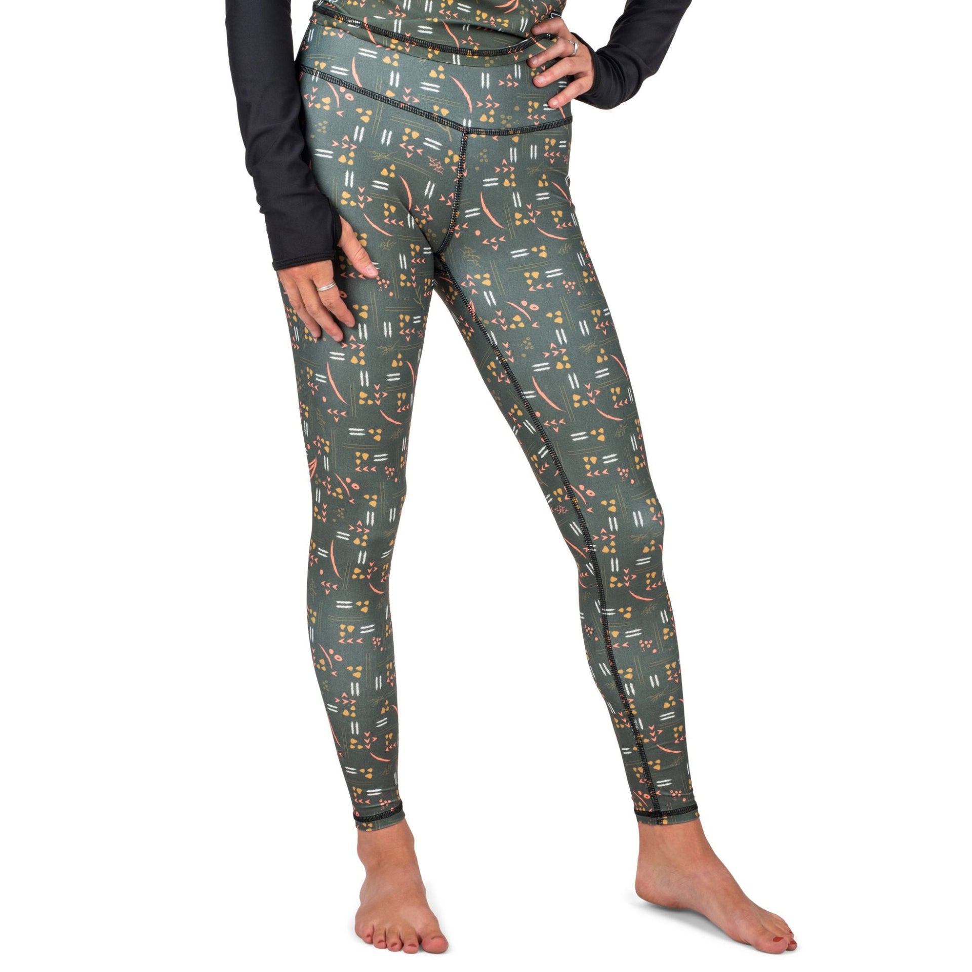 Dark olive geometric print base layer leggings with slim ankle-length fit