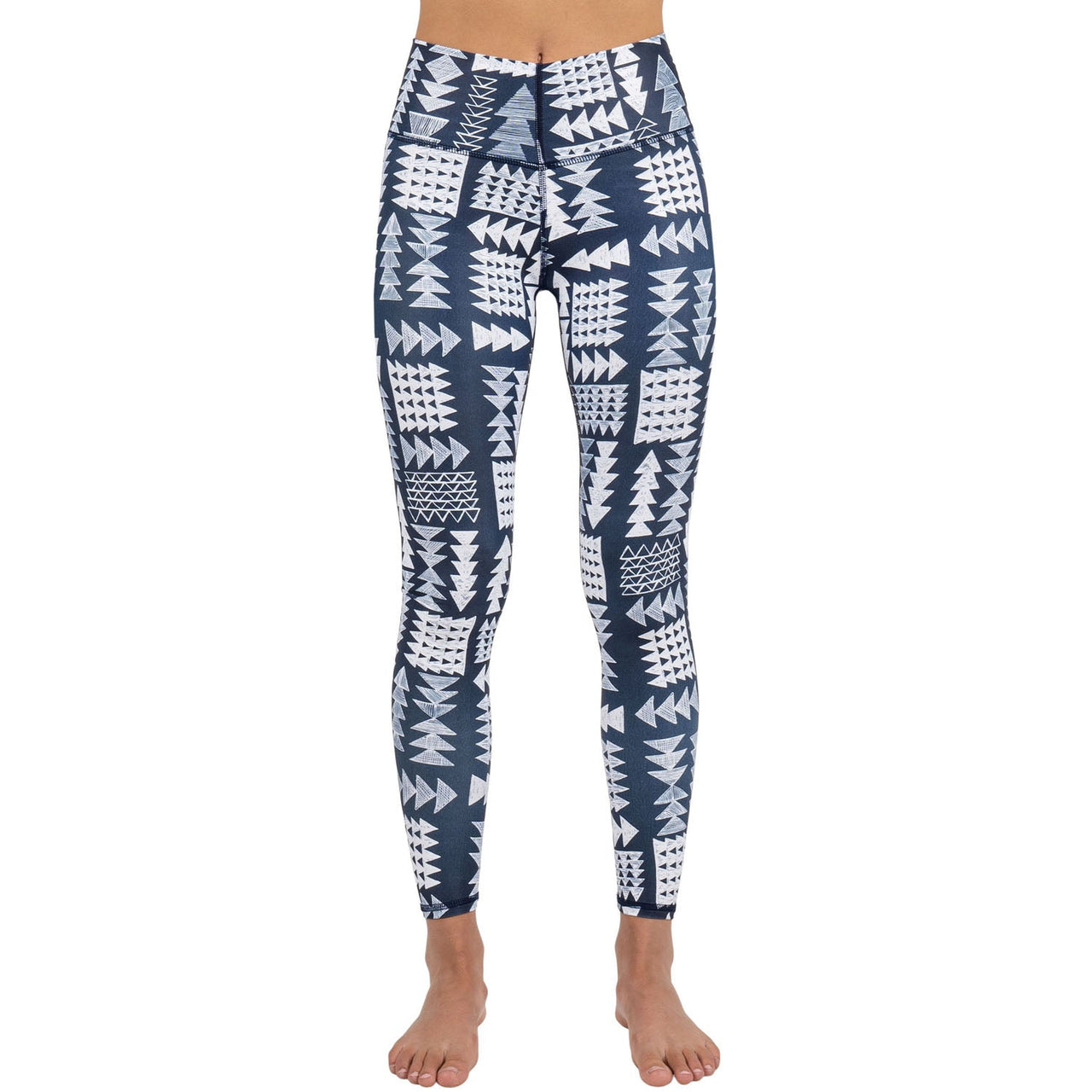 Blue and white geometric print base layer leggings with slim ankle-length fit