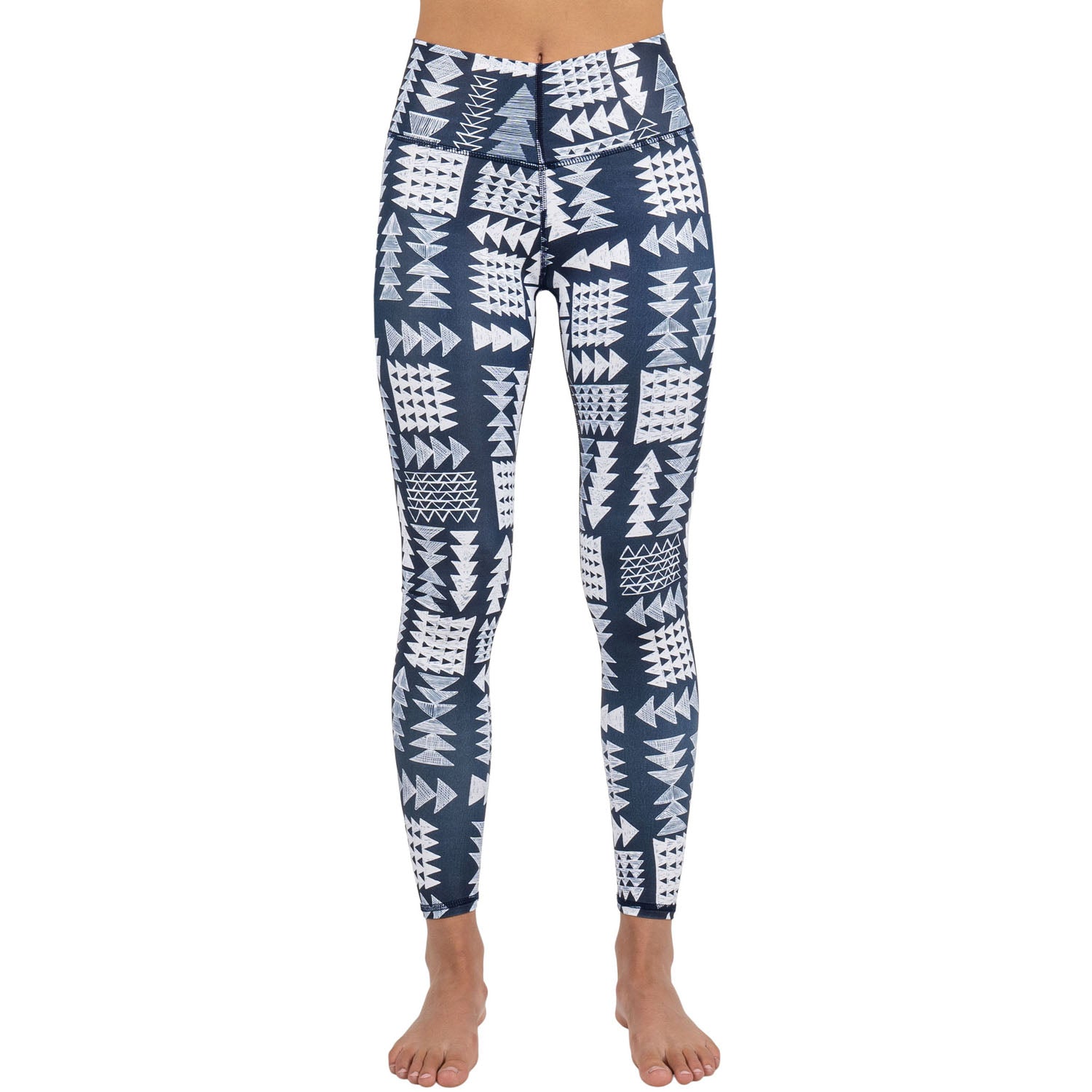 Blue and white geometric print base layer leggings with slim ankle-length fit
