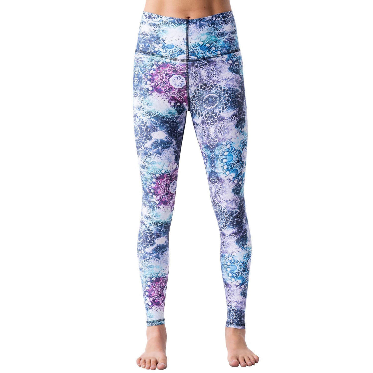 Blue and purple mandala print base layer leggings with slim ankle-length fit