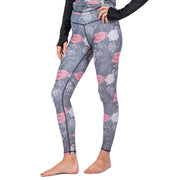 Gray base layer leggings with pink floral pattern and slim ankle-length fit