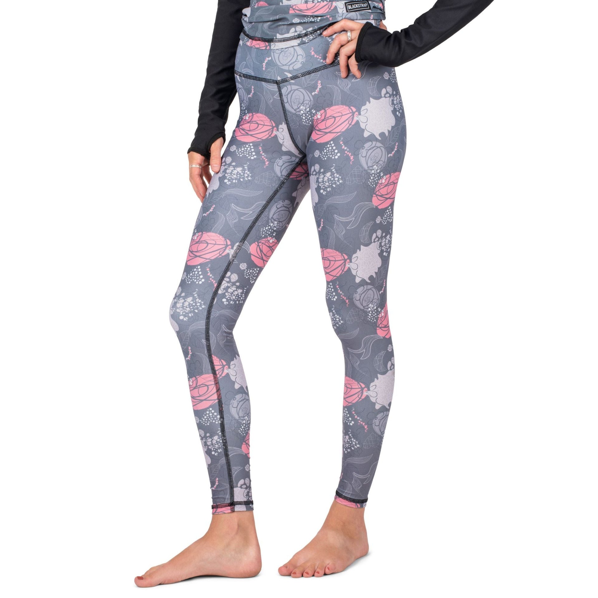 Gray base layer leggings with pink floral pattern and slim ankle-length fit