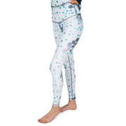 White base layer leggings with blue triangle geometric pattern and slim ankle fit