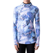 Women's hooded long-sleeve base layer top with blue cloud-style print