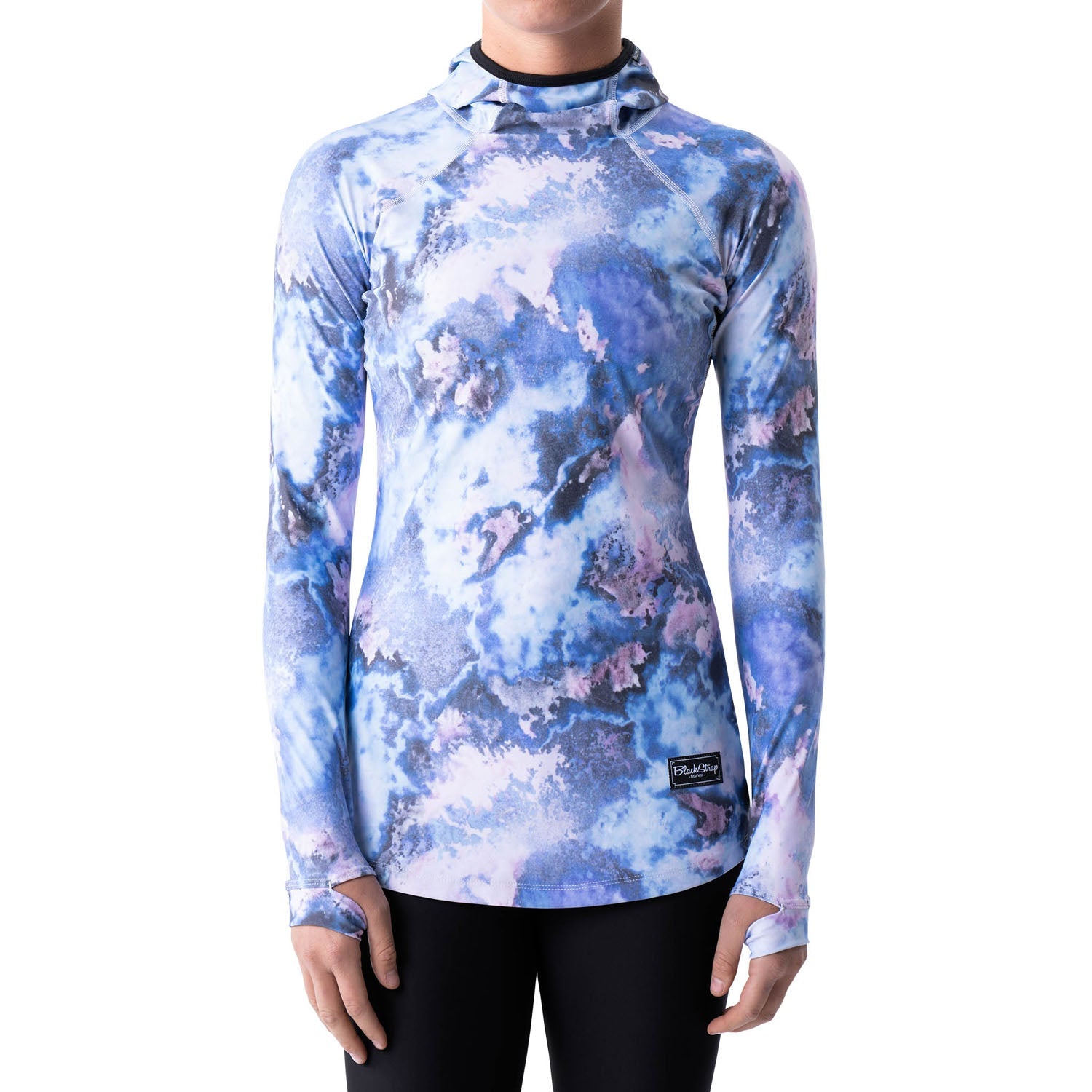 Women's hooded long-sleeve base layer top with blue cloud-style print
