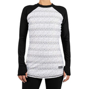 Blackstrap women’s baselayer top, white patterned body with black sleeves