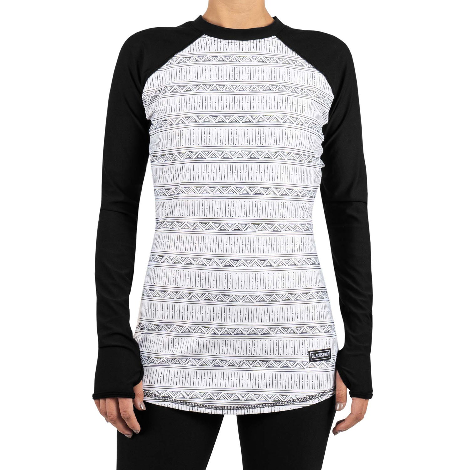 Blackstrap women’s baselayer top, white patterned body with black sleeves