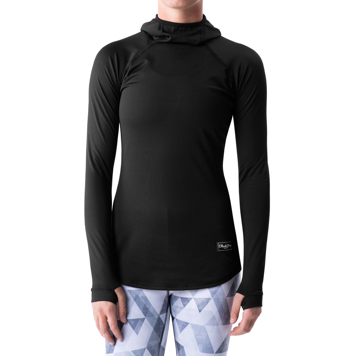 Women’s black hooded long-sleeve baselayer top with front logo patch