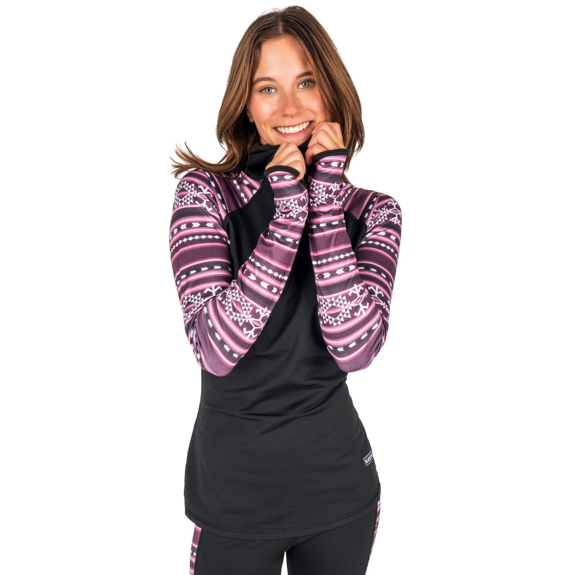 Women’s black hooded long-sleeve baselayer top with purple patterned sleeves