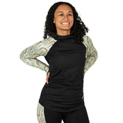Women’s black hooded long-sleeve baselayer top with mint-patterned sleeves