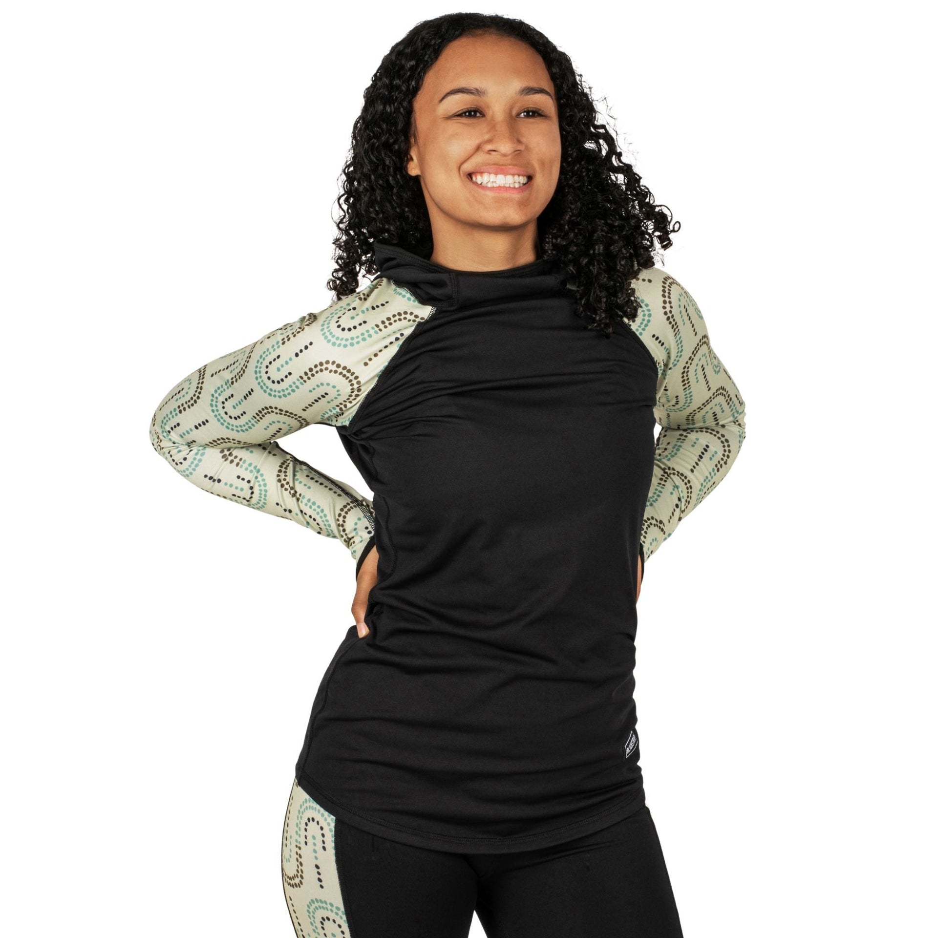 Women’s black hooded long-sleeve baselayer top with mint-patterned sleeves