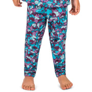 Youth base layer pants in purple and teal animal camouflage