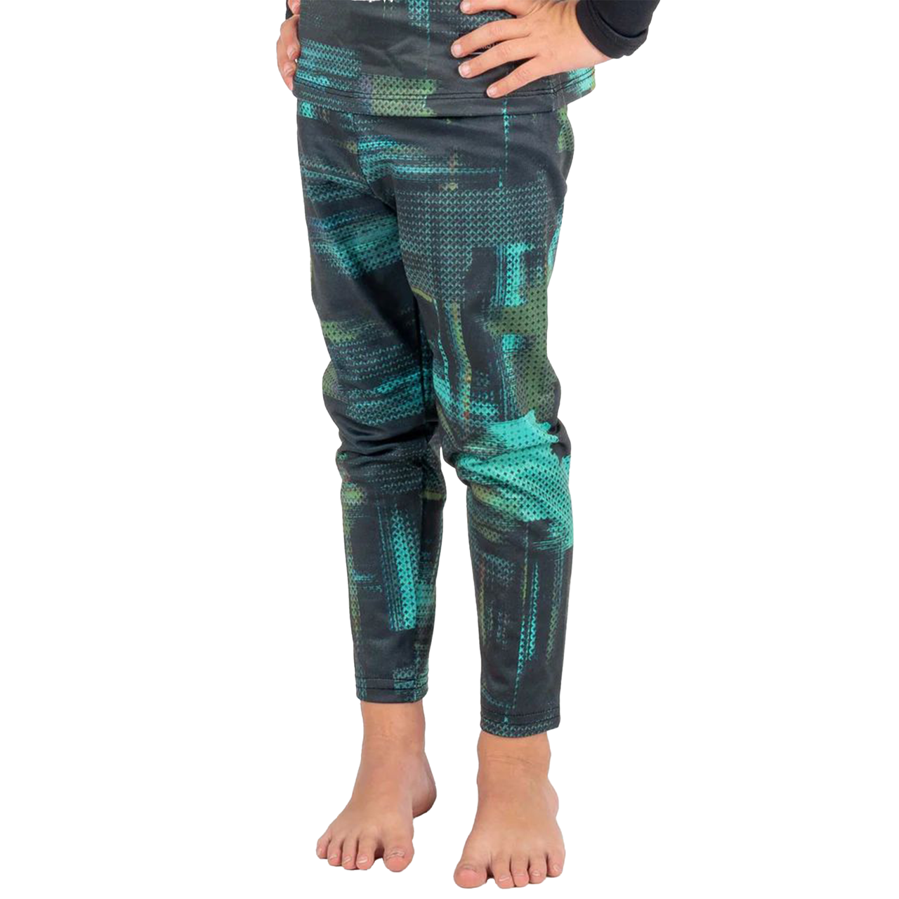 Youth base layer pants with dark teal pixel camo pattern