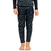 Youth base layer pants with navy and teal leaf pattern